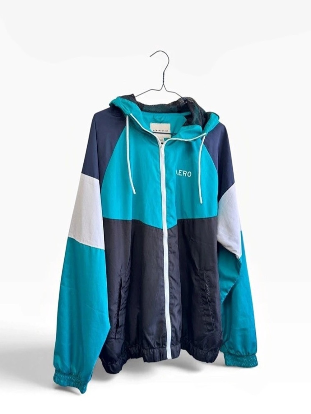 Aeropostale Colorblock Hooded Windbreaker Jacket Large Teal Navy White